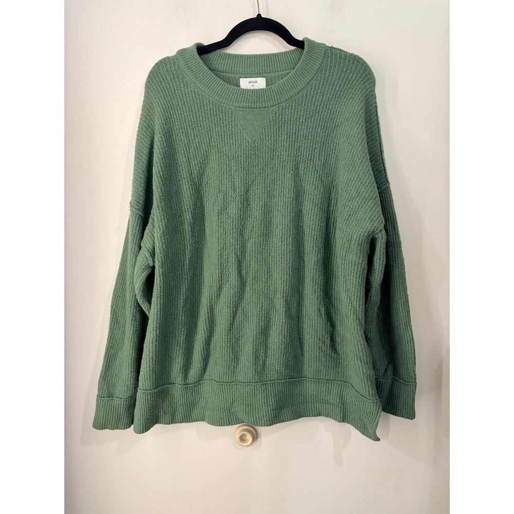 Aerie Waffle Knit Crewneck Sweater Sage Green Oversized Women's Medium M